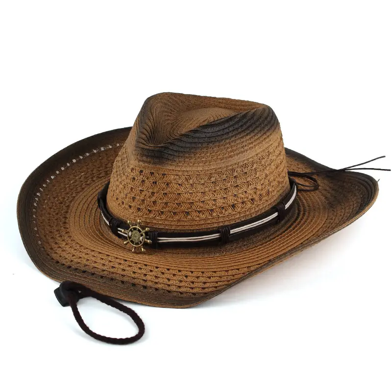 Western Cowboy topi jerami bengkok penuh luar ruang santai Shading wanita topi jerami untuk pria