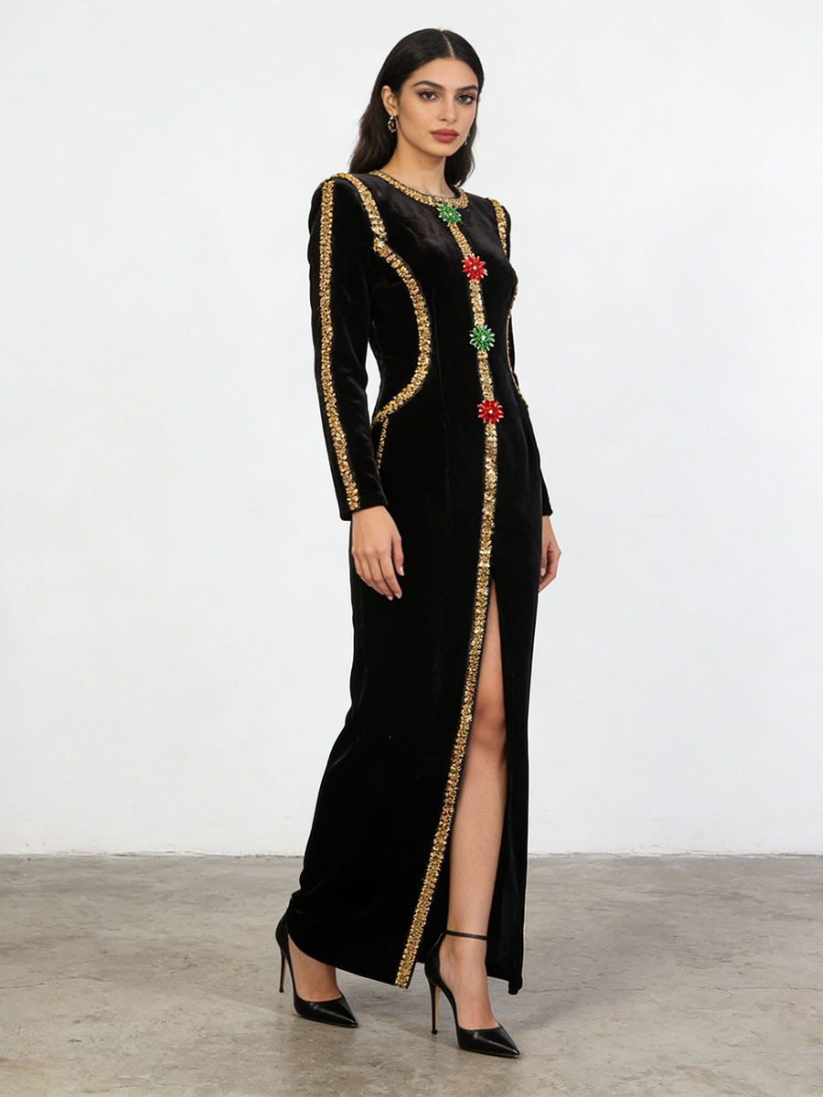 Long Velvet Dress - Elegant Evening Gown with High Slit