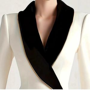 <span class=keywords><strong>Blazer</strong></span> Elegante da <span class=keywords><strong>Donna</strong></span> Asimmetrico Bianco con Risvolti Neri a Contrasto Maniche Lunghe Slim Fit Capospalla Femminile - Product Image 3