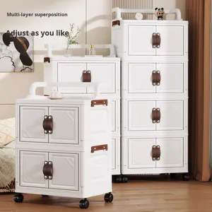 Cream Plastic Modular <strong>Storage</strong> Cabinet Leather Loop Handle Diagonal Stripe Door 2 3 4 Tier Organizer with Wheels Home Wholesale - Product Image 1