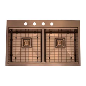 Paslanmaz çelik 304 Modern damla iş istasyonu çift eşit kase Nano gül altın bakır mutfak el yapımı lavabo 16 ölçer
