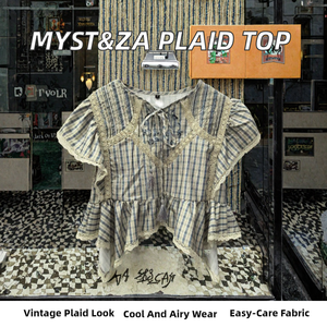 PB&ZA Femme 2025 Printemps Été Automne Blouses Décontractées à Carreaux en Chiffon Tissé avec Dentelle Superposée Manches Courtes Boutonnées Longues Style Vintage - Product Image 2