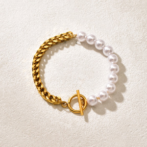 <span class=keywords><strong>Bracciale</strong></span> Classico in Acciaio Inossidabile Placcato Oro 18K <span class=keywords><strong>con</strong></span> Catena a <span class=keywords><strong>Volpe</strong></span> e Chiusura OT, Bracciali <span class=keywords><strong>con</strong></span> Perle Anti-Ossidazione per Donne e Ragazze - Product Image 2