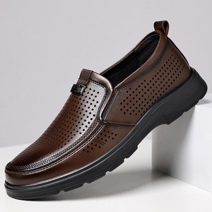 Mocassins en cuir pour hommes à bout rond, à enfiler, avec doublure en maille respirante et semelle extérieure en caoutchouc, chaussures de conduite décontractées pour l'automne - Product Image 1