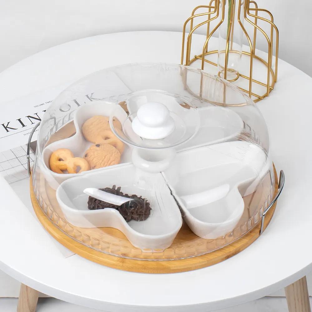 Set di piatti in ceramica per Snack a forma di cuore dal Design unico con vassoio in legno di bambù e coperchio in plastica