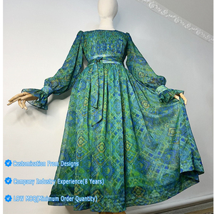 Abito Lungo da Donna Personalizzabile Semi-Trasparente con Stampa, <span class=keywords><strong>Plissettato</strong></span>, Vita Alta, Modesto, in Chiffon, Collo Tondo, Maniche Lunghe a Palloncino - Product Image 1