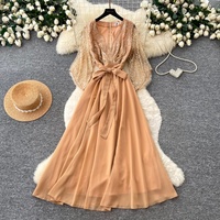 Robe longue élégante pour femme, col en V, patchwork de paillettes, en mousseline de soie, coupe évasée, avec ceinture, manches évasées, décontractée, pour les fêtes et le quotidien