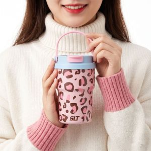 Gobelet à café imprimé léopard de 400ml, tasse isolée sous vide en acier inoxydable, couvercle rabattable portable avec poignée de transport pour les voyages en plein air - Product Image 2