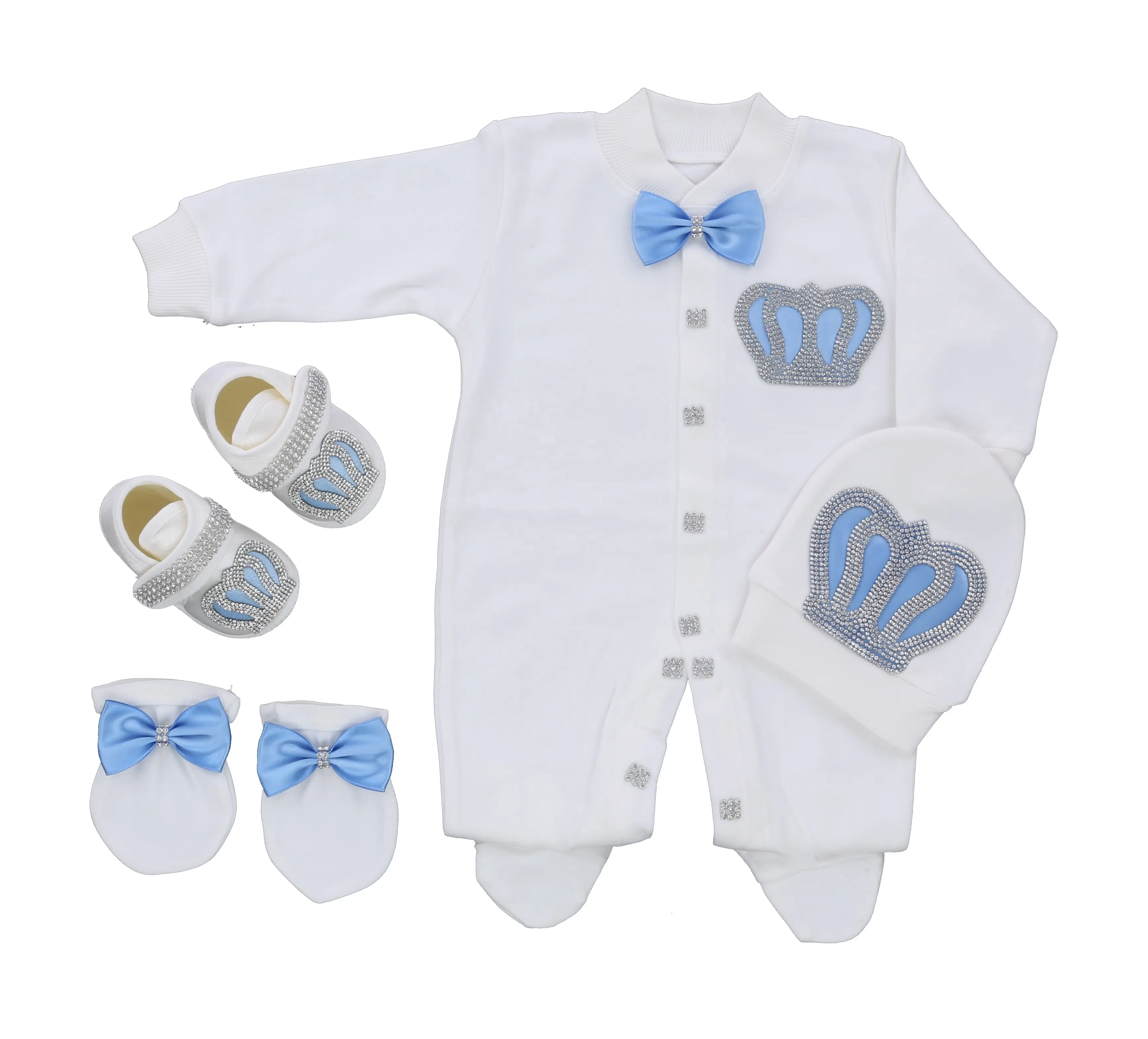 Grosir kustom desain baru lahir bayi lengan panjang Bambu gelembung 100% katun 4 buah biru Romper bayi Set pakaian bayi laki-laki