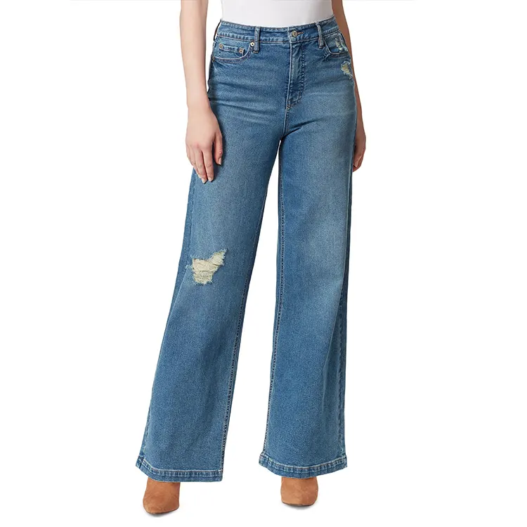 Pantalones vaqueros personalizados al por mayor de cintura alta para mujer, Pantalones rectos rasgados azules de pierna ancha, pantalones vaqueros para mujer