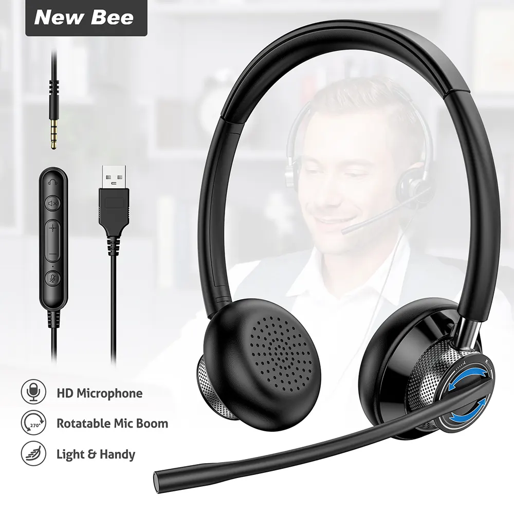 New Bee H361 USB Wired Business Telephone Headsets Call Center Computer Headphone for PC/Laptop/Smartphone/Tablet