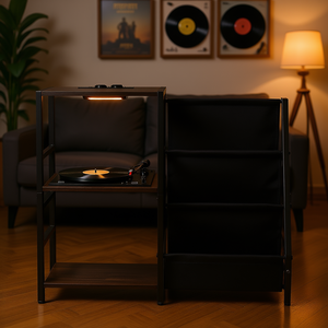 Soporte moderno de metal industrial para tocadiscos con estantes de madera con luz LED para almacenamiento de vinilos en la sala de estar - Product Image 2