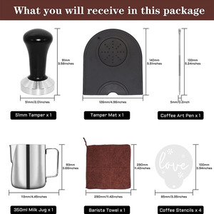 Bộ dụng cụ pha cà phê mẫu miễn phí: Máy ép cà phê, dụng cụ nén cà phê <span class=keywords><strong>Espresso</strong></span>, thảm nén, bình tạo bọt sữa, khăn lau tay Barista, bút vẽ Latte Art - Product Image 2