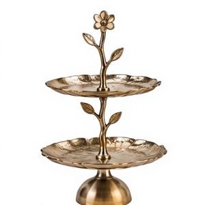 Plateau de service élégant à deux niveaux finition or, support à gâteau et présentoir à fruits et desserts motif fleurs et feuilles pour événements (vente en gros) - Product Image 1