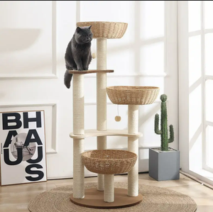 Mobili moderni di lusso grande albero del gatto torre in Rattan tessuto in legno sisal Pet rampicante Scratcher Post condominio di gatti alberi casa - Product Image 4