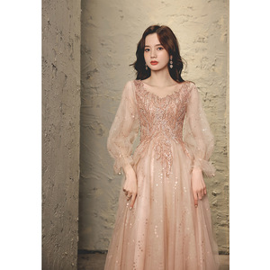 Women's Evening Gown Champagne Color Long Sleeve A-Line Chiffon Elegant Dress For Banquet Grand Annual Meeting - Product Image 2