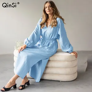 QINSI2024新パターンコットン女性ソリッドVネックパフ長袖包帯ナイトドレスソフト女性スリープウェアドレス