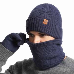 <b>Winter</b> Men's Knitted <b>Hat</b> Scarf with Fleece Lining Double-Layer Thickened Scarf Gloves and Beanie <b>Hat</b> Three-Piece Set - Product Image 4