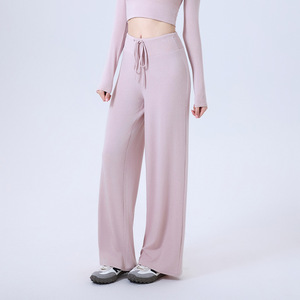 Pantalones de yoga acampanados de talle alto con cordón para mujer, de tela elástica y caída fluida, de pierna ancha y holgados, para entrenamiento y pilates, al por mayor - Product Image 1