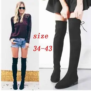 Plus Size Women's Stretchy Suede Side Zipper Back tie Low Heel Over The Knee Flat Thigh High Boots