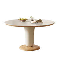 Mesa de comedor redonda de estilo crema, mesa redonda de madera maciza, mesa de comedor pequeña para apartamento, mesa de comedor de losa de roca, mármol y silla