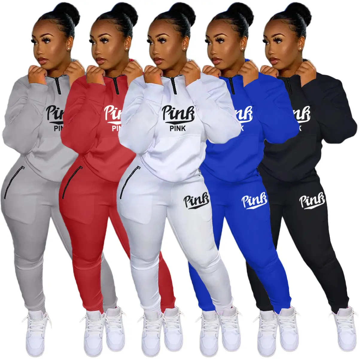 Fall Winter Trainingspakken Tweedelige Set Roze Brief Print Solid Casual Outfits Zip Sweatshirt + Zakken Broek Set Vrouwen Zweet pak