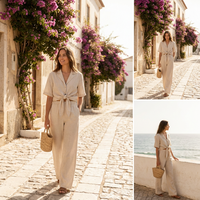 Ensemble pantalon décontracté 2 pièces en lin (55%) et viscose (45%) pour femme, pantalon large et chemise à manches courtes, tenue de villégiature estivale, personnalisable OEM, grandes tailles