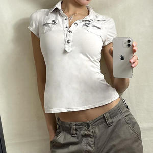 Top utilitaire à col polo, veste de motard à boutons pression, t-shirt court avec poches, streetwear - Product Image 6