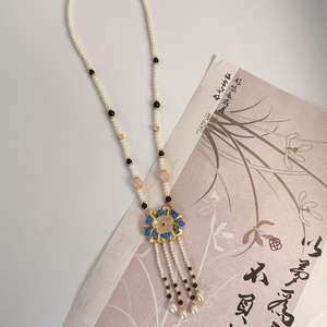 Peri Tarzı Hanfu Gerdanlık Doğal İnci Çiçek Desenli Altın Kaplama Uzun Püsküllü Kolye Cosplay ve Günlük Kullanım - Product Image 2