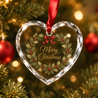 Ornement en verre cristal transparent personnalisé avec motif floral saisonnier en forme de cœur, ornement en verre cristal pour souvenir de Noël