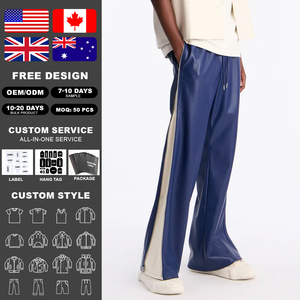Pantalon de survêtement large en cuir pour homme KingSen, avec empiècements latéraux contrastants, taille à cordon de serrage et fermeture éclair aux chevilles, coupe décontractée, style streetwear - Product Image 2