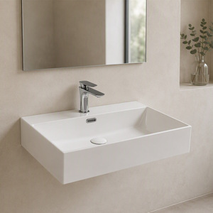 Lavabo de Cerámica Rectangular Grande con Logotipo Personalizado, Acabado Blanco Brillante, para Instalar Sobre Encimera, para Hotel - Product Image 4