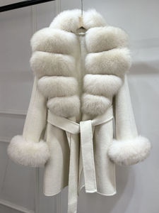 معطف صوف شتوي جديد رخيص الثمن للنساء، مزيج من الكشمير والصوف مع ياقة وأساور من فرو الثعلب الطبيعي قابلة للإزالة، تصميم فضفاض برباط، معطف صوفي مزدوج الوجه - Product Image 6