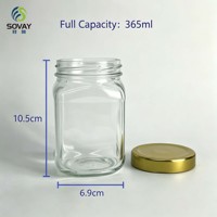 Frasco de Vidrio Cuadrado Transparente de 10.5 cm de Alto y 6.9 cm de Diámetro, 350 ml, Apto para Alimentos, para Miel, Gelatina, Nueces y Alimentos Enlatados