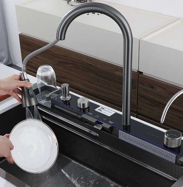 Modern Black Flying Rain Waterfall Smart Kitchen Sink