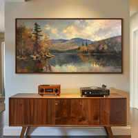 Art mural abstrait esthétique, montagnes avec lac, paysage français, peinture à l'huile panoramique, art sur toile pour la maison et la galerie