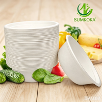 Bol à salade rond Sumkoka 500 ml en bagasse de canne à sucre biodégradable, jetable, compatible micro-ondes, qualité alimentaire, avec couvercle