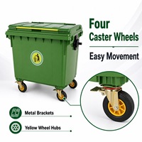Poubelle rectangulaire à 4 roues en plastique HDPE 660L, robuste, avec couvercles, freins et bouchon de vidange, écologique