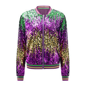 Mardi Gras veste vêtements pour femmes couleur bloc fermeture éclair avant <span class=keywords><strong>manteau</strong></span> décontracté col rond à manches longues veste à paillettes pour automne hiver - Product Image 3