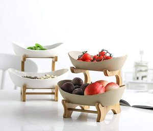 Alzata in bambù a 2 livelli banchetto di nozze ciotola di frutta in ceramica vassoio da Dessert a strati in porcellana a doppio strato con supporto - Product Image 5