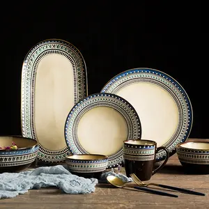 Euro Keramik Mangkuk Ganda 16-Piece Perlengkapan Makan Set Peralatan Dapur Halus | Floral Multicolor Desain Layanan Peralatan Makan Stoneware untuk 4
