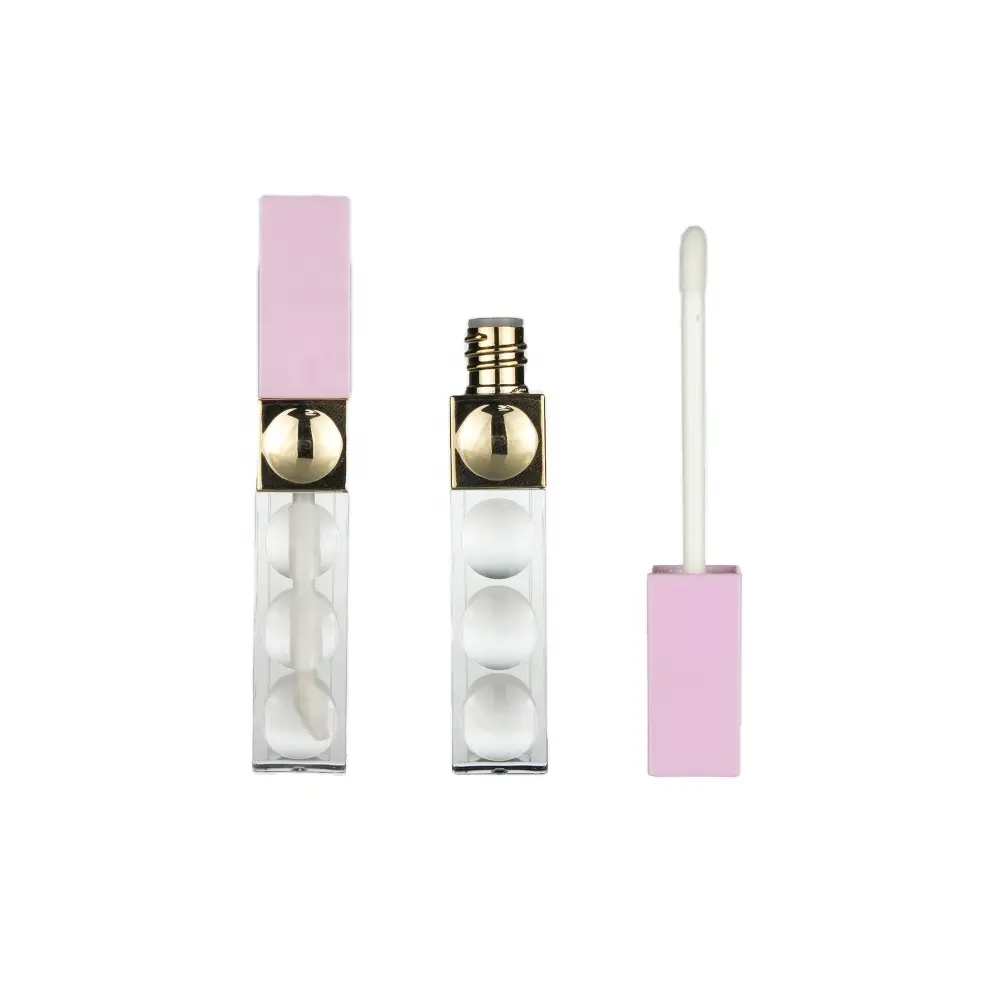 8ml Beauty Packaging Empty Square Liquid Lipstick Tube Custom Pink Purple Liptint Bottle Lip Gloss Wand Tubes Metallic Gold Ring