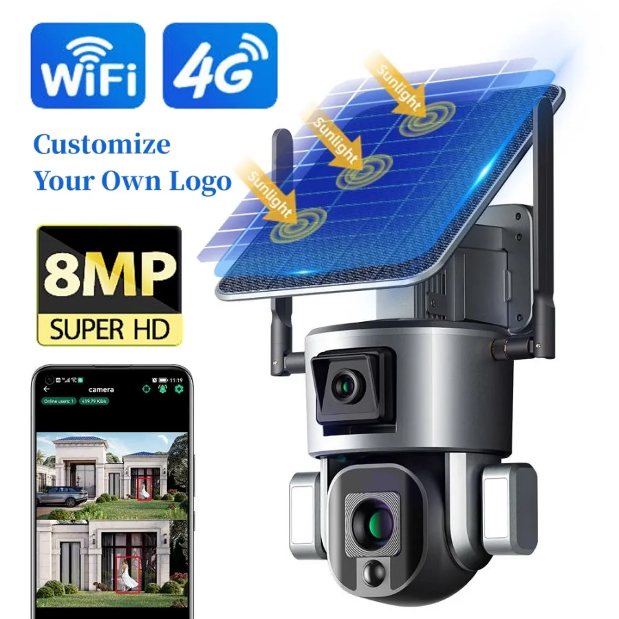 8MP 4K HD 4X 10X Zoom Drahtlose solar betriebene Sicherheit im Freien IP Human Track CCTV WiFi 4G SIM-Karte mit zwei Objektiven Solar PTZ-Kamera