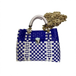 Custom Handmade Blue White Woven Plastic Tote Bag Fashion Beach <b>Handbag</b> Beaded Handle Metal Lock Tote Bag Eco Friendly Tote Bag - Product Image 1