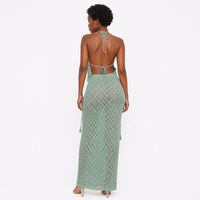 Ensemble de crochet personnalisé avec logo pour femme, ajouré, court, à cordon de serrage, sans manches, col en V, géométrique, vert, été, polyester, usine OEM & ODM
