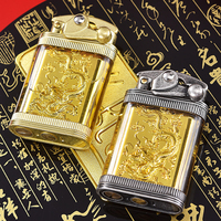 Briquet à kérosène de luxe en métal, double face, avec dragon doré en relief, bras oscillant, réservoir d'huile transparent visible, briquets à cigarettes