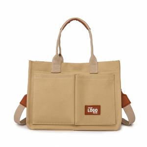 Women's Vintage Canvas Tote Shoulder Bag Wholesale Reusable Promotional Gift with Two Handles Open Closure Type and Pockets - Product Image 1