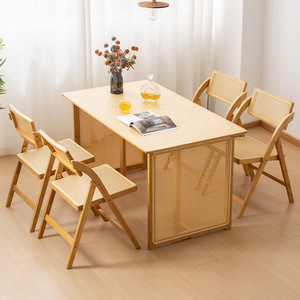 Bamboo Rattan Dining <b>Table</b> Set 5 Piece Foldable Natural Wood Style For <b>Small</b> Apartments Dining Room Furniture - Product Image 1