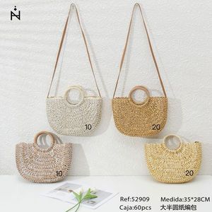 Grande borsa semicircolare in carta intrecciata 35x28 cm, borsa tote in paglia fatta a mano per donna, borsa da spiaggia estiva - Product Image 2