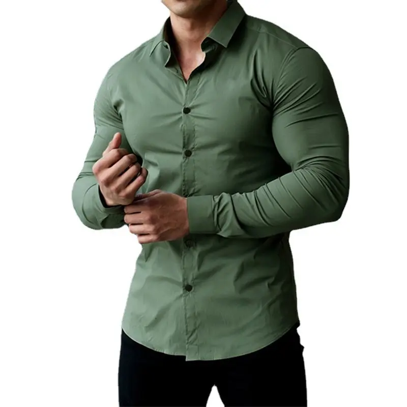 Slim Fit Muscular Men's Sports Leisure Shirt Long Sleeve Stretch Business Office Work Shirts